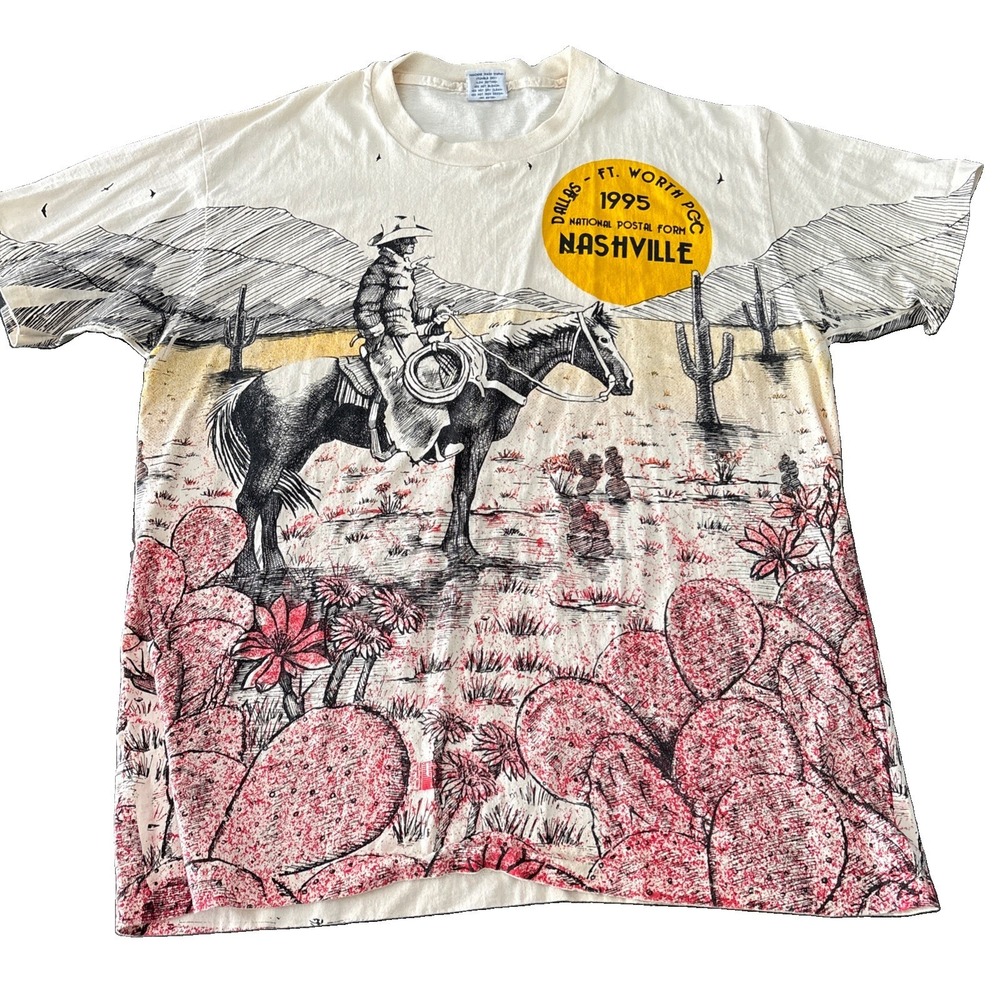 Vintage 90s Texas Nashville Tourist T Shirt All Over Print size XL Cotton Postal